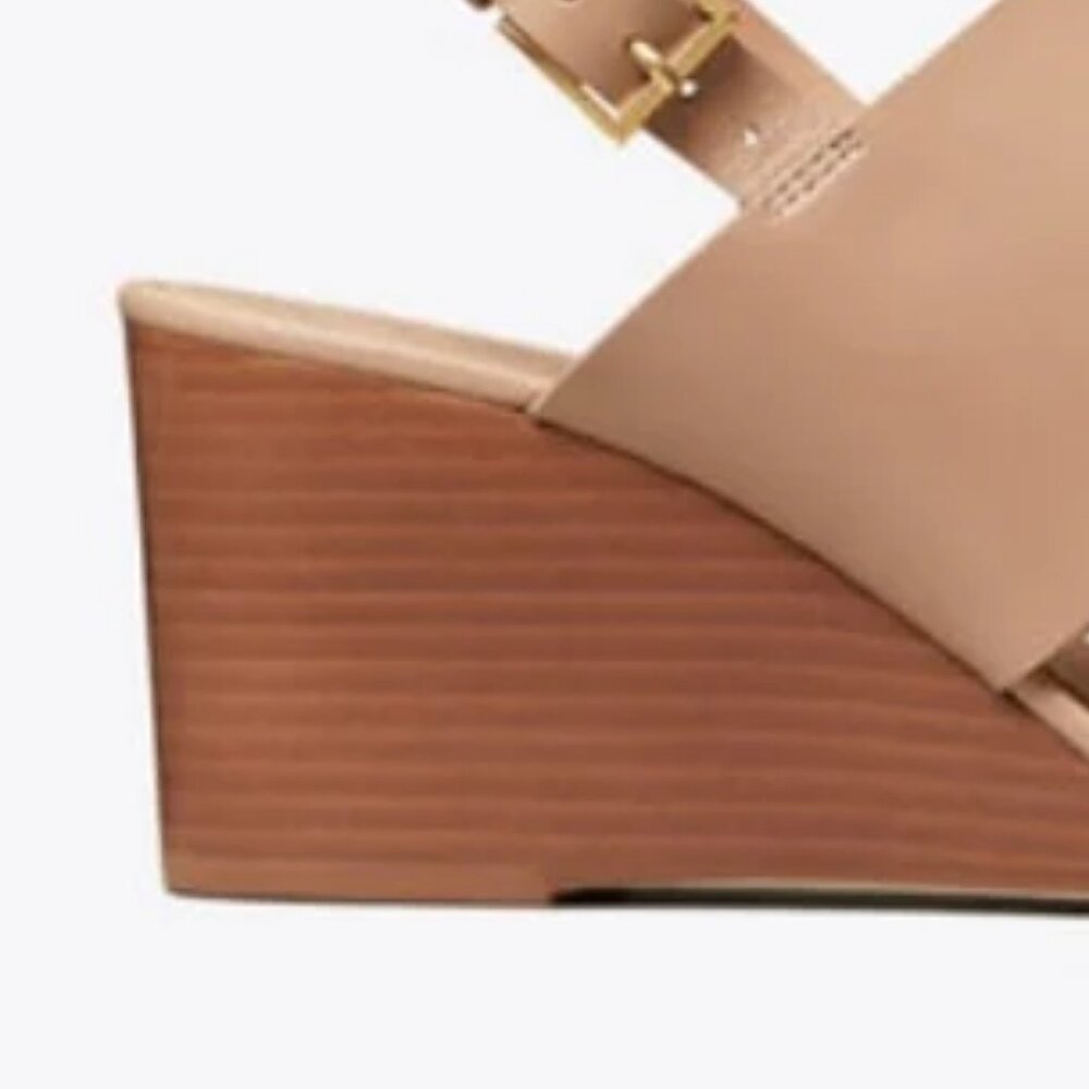 Tory Burch Neutral Blush Leather Wedge Sandals with Gold Logo - Picture 5 of 13